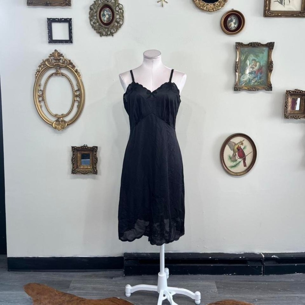 Vintage Black Sheer Slip Dress with Lace Trim – Size 38